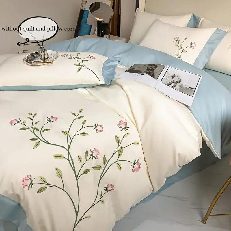 Elegant pink rose embroidery cream duvet cover set bedroom