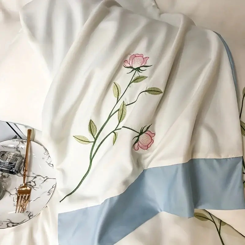 Elegant pink rose embroidery cream duvet cover set bedroom