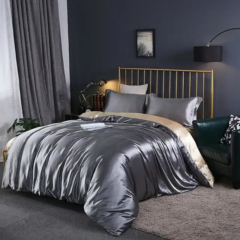 Elegant lime green satin duvet cover bedroom bed sheet set