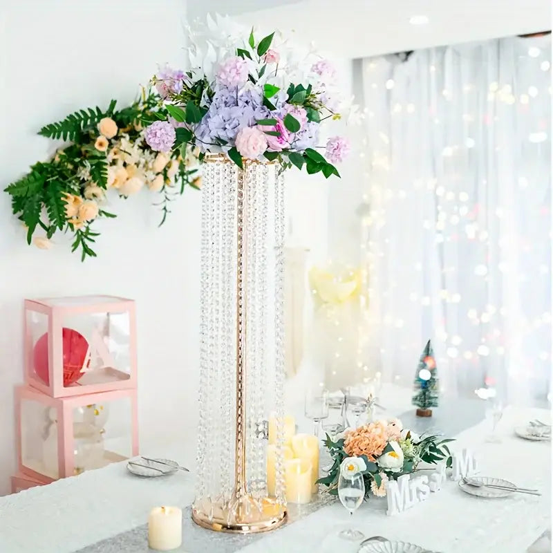 Elegant gold metal vases with crystals and roses wedding decor