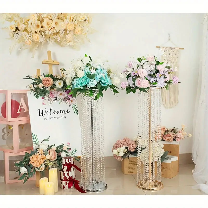 Elegant gold metal vases with crystals and roses wedding decor