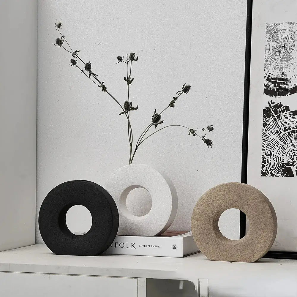 Minimalist black white & beige ceramic donut vase living room decor