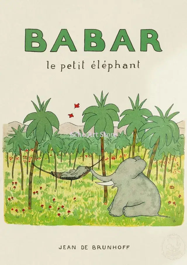 Vintage elephant babar family cartoon art print for kids bedroom
