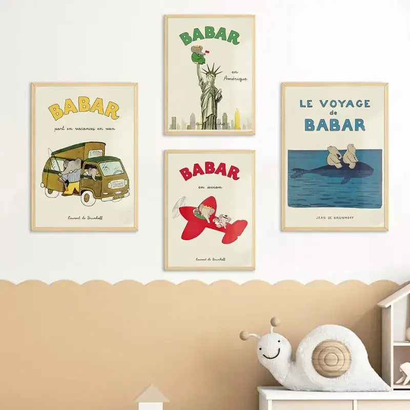 Cartoon elephant yoga green & beige family canvas wall art kids room