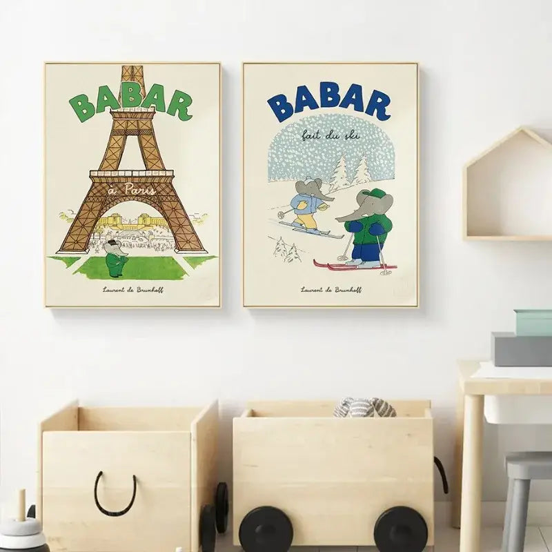 Cartoon elephant yoga green & beige family canvas wall art kids room
