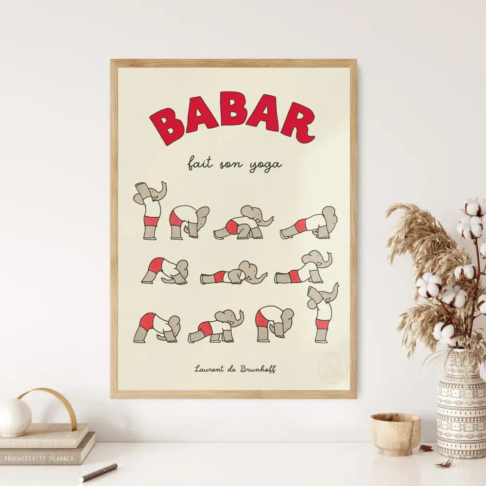 Yoga elephant family cartoon green & beige wall art kids room