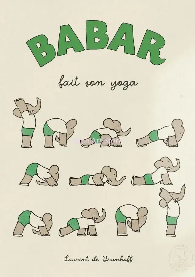Yoga elephant family cartoon green & beige wall art kids room