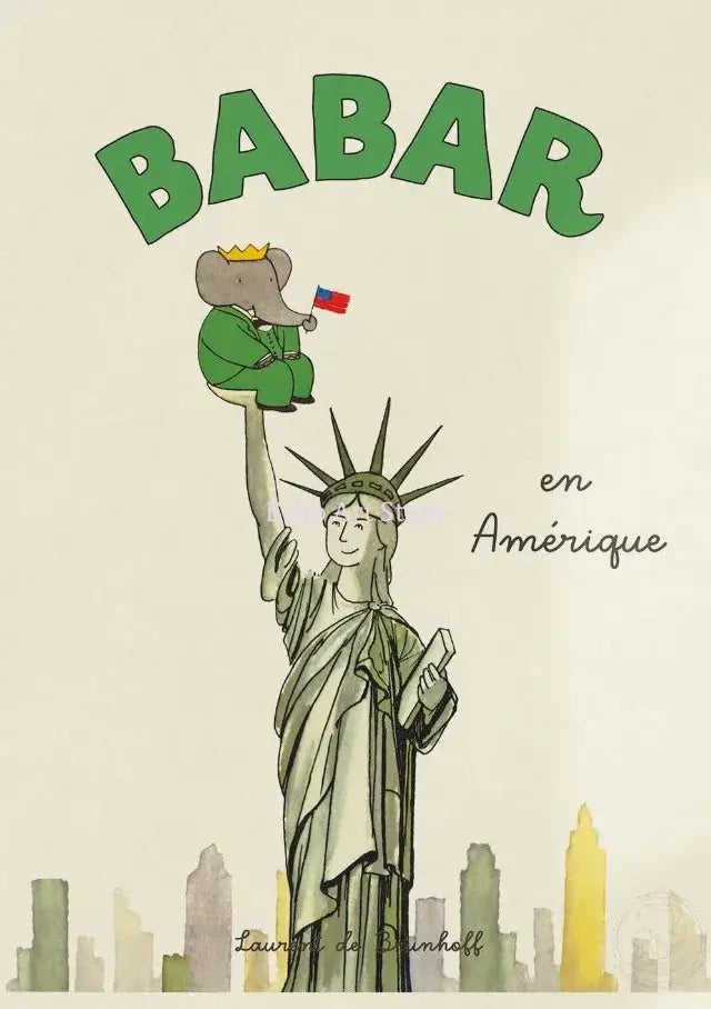 Green french elephant statue of liberty poster for kids room decor