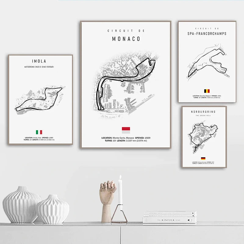 Minimalist black nürburgring circuit canvas wall art for living room