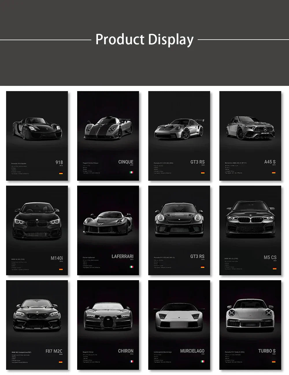 Modern black & silver famous cars canvas wall art – living room decor