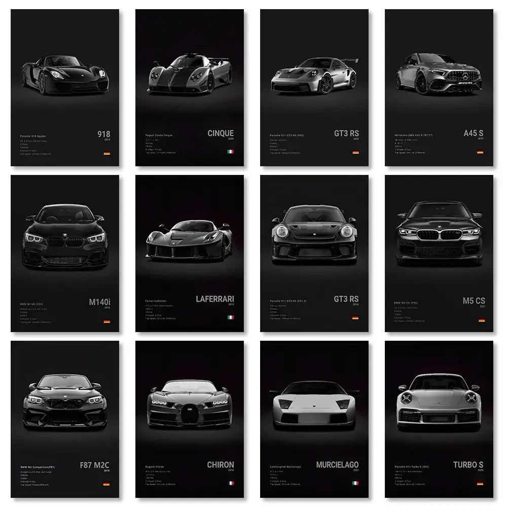 Modern black & silver famous cars canvas wall art – living room decor