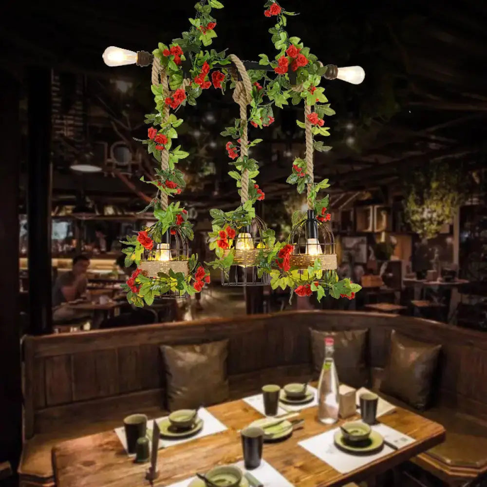 Rustic farmhouse metal island light with roses and vines dining room