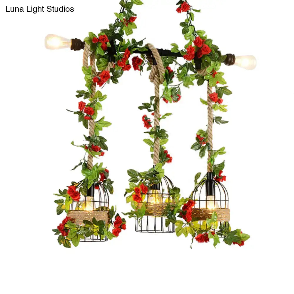 Rustic farmhouse metal island light with roses and vines dining room