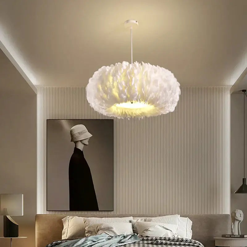 Decorbites feather decor led chandelier white bedroom pendant light