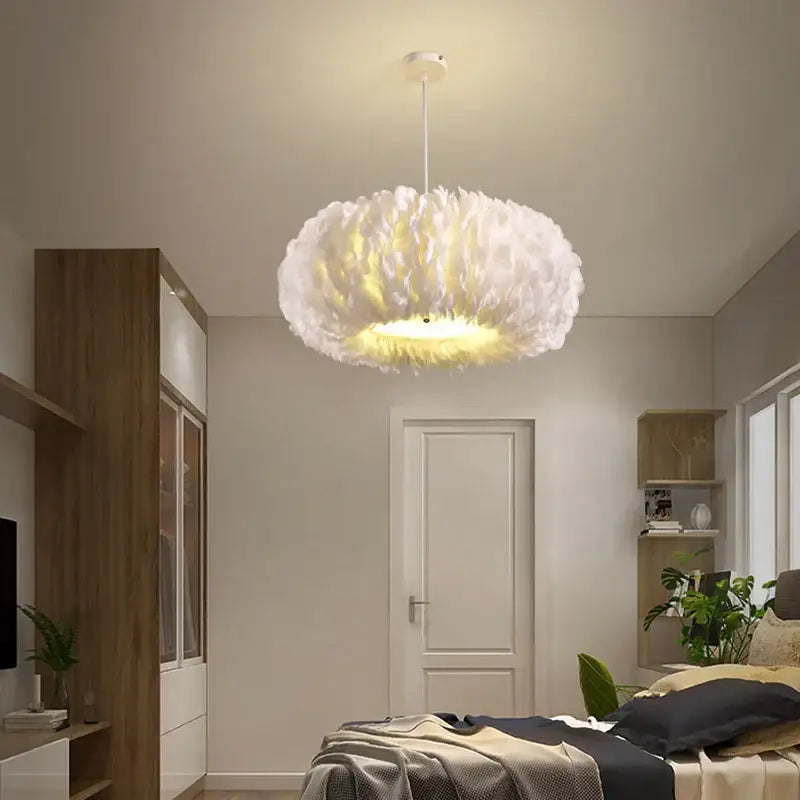 Decorbites feather decor led chandelier white bedroom pendant light