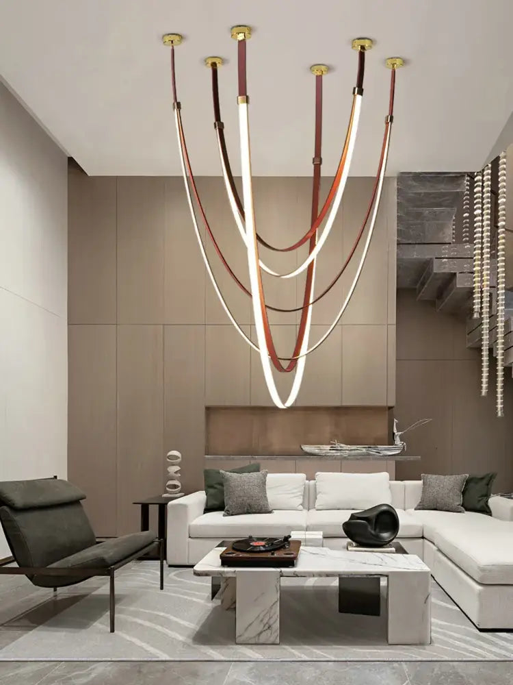 Modern minimalist double tier led chandelier leather belt living room