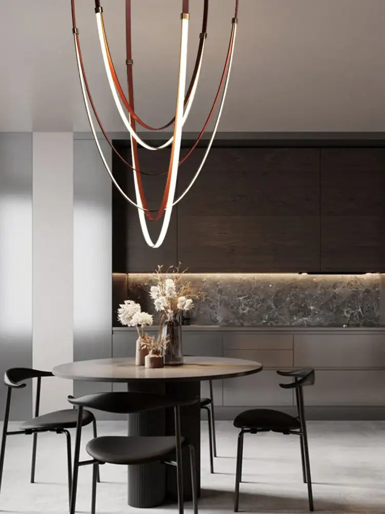 Modern double tiered led chandelier with flexible leather belt dining room light