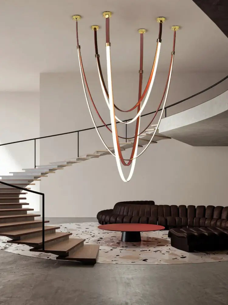 Modern double tiered led chandelier with flexible leather belt dining room light
