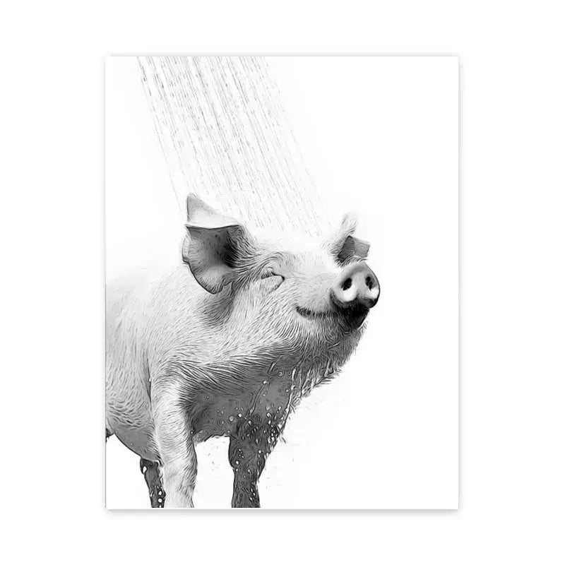 Pig shower black and white animal bathroom wall art