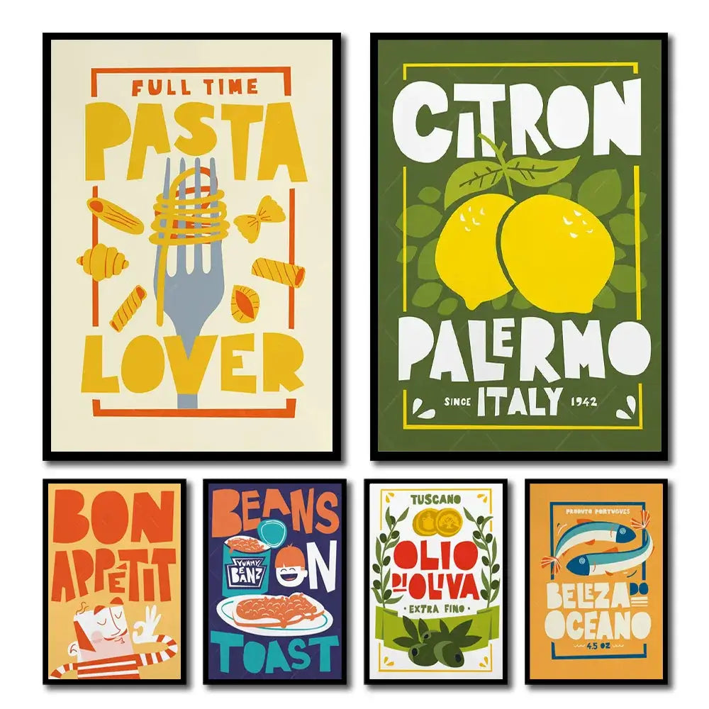 Set of 6 colorful fun beans on toast canvas painting kitchen posters