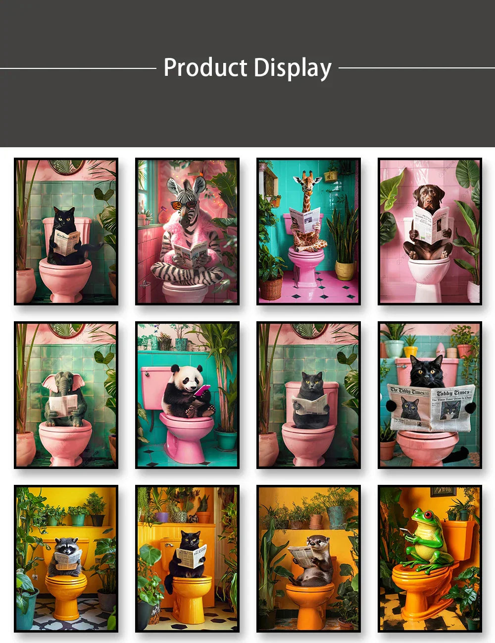 Funny golden retriever on pink toilet bathroom canvas wall art