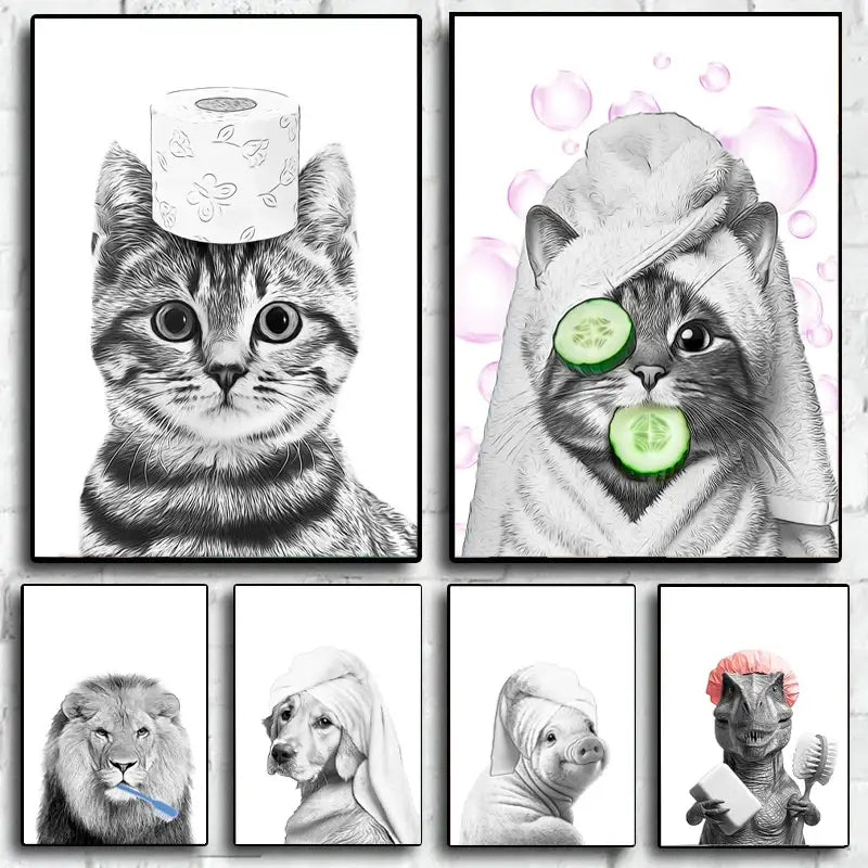 Funny lion with blue toothbrush bathroom wall art animal poster