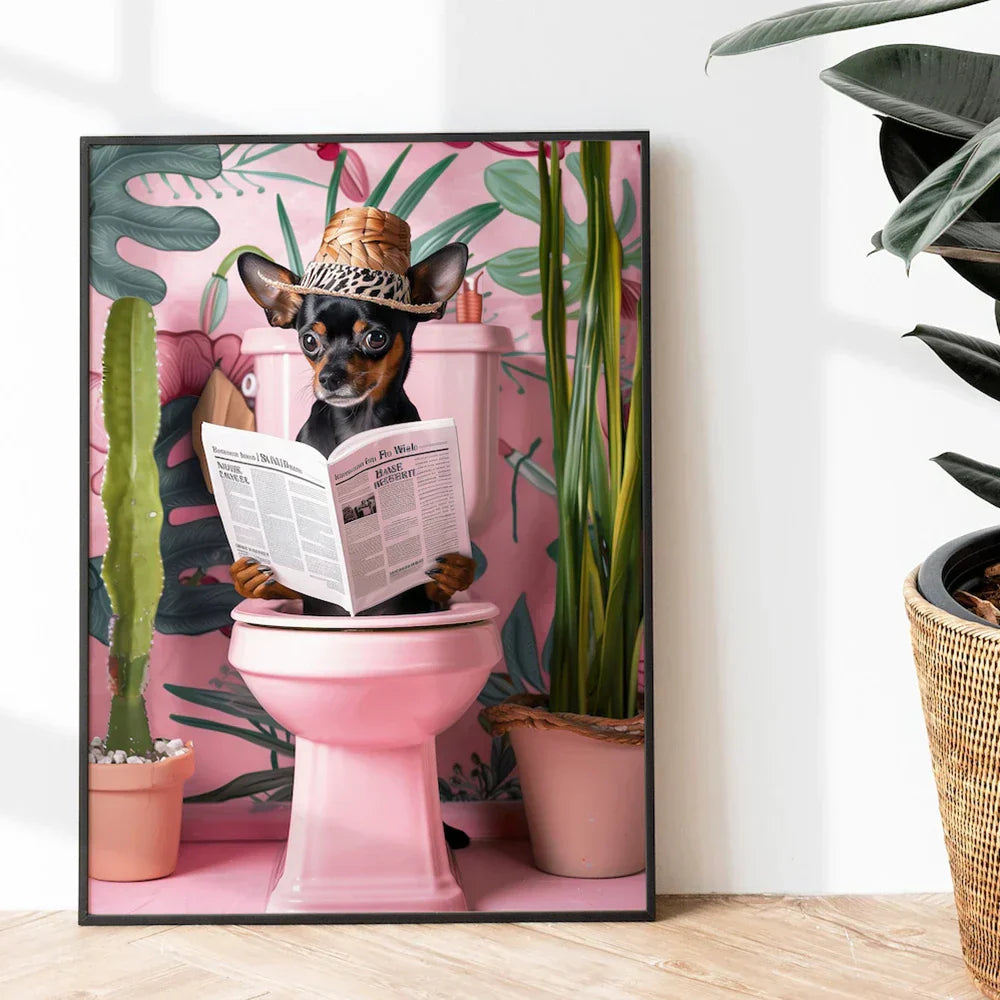 Funny green frog on toilet bathroom canvas wall art