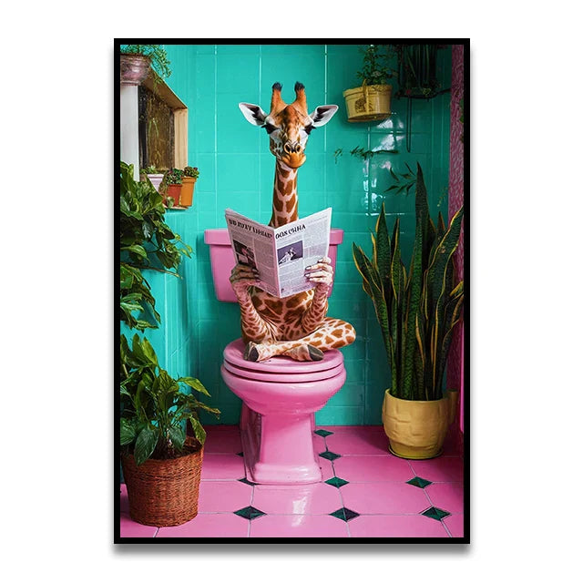 Funny green frog on toilet bathroom canvas wall art
