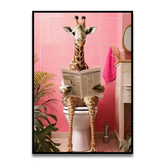 Whimsical gray cat reading newspaper bathroom canvas wall art