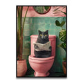Whimsical gray cat reading newspaper bathroom canvas wall art