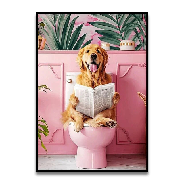 Whimsical giraffe on toilet canvas wall art for bathroom