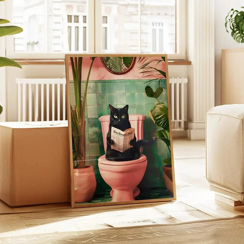 Funny dog reading newspaper pink bathroom canvas wall art