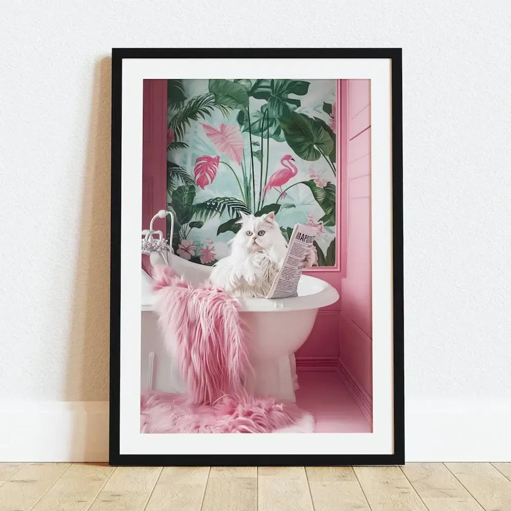 Funny dog reading newspaper pink bathroom canvas wall art