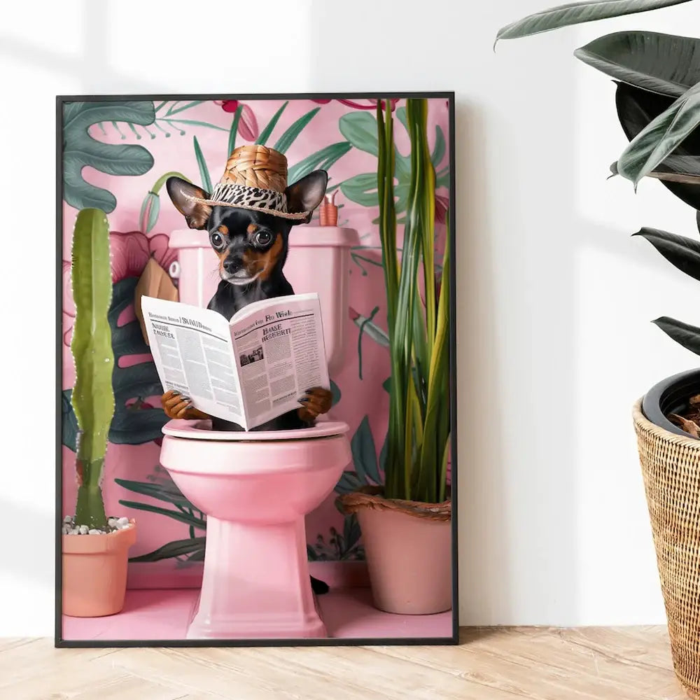 Whimsical giraffe on toilet canvas wall art for bathroom