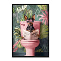 Funny dog reading newspaper pink bathroom canvas wall art