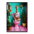 Whimsical giraffe on toilet canvas wall art for bathroom