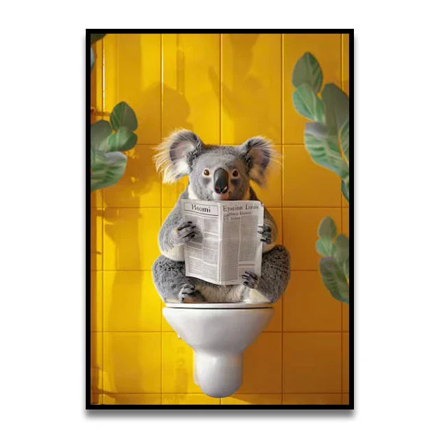Whimsical teal giraffe bathroom wall art reading newspaper