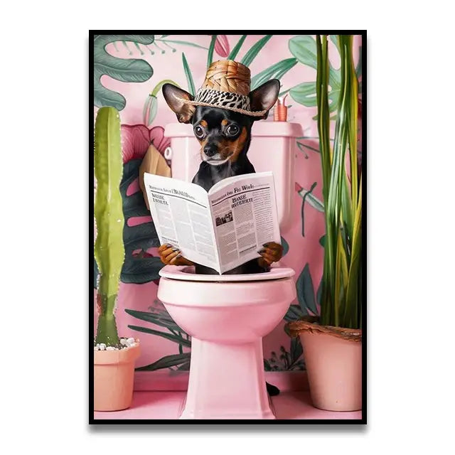Whimsical teal giraffe bathroom wall art reading newspaper