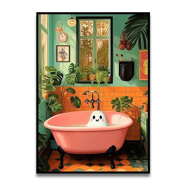 Funny ghost in santa hat bathroom toilet canvas wall art
