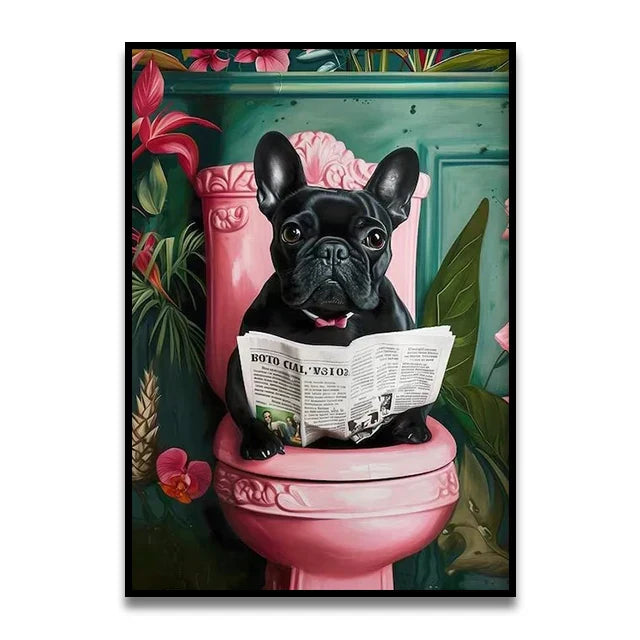 Funny black cat on pink toilet bathroom wall art print