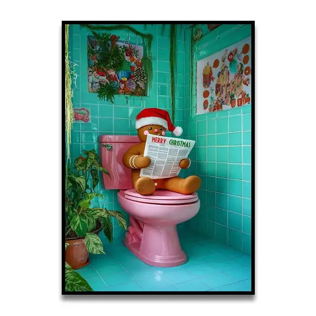 Funny black cat on pink toilet bathroom wall art print