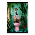 Whimsical teal giraffe bathroom wall art reading newspaper