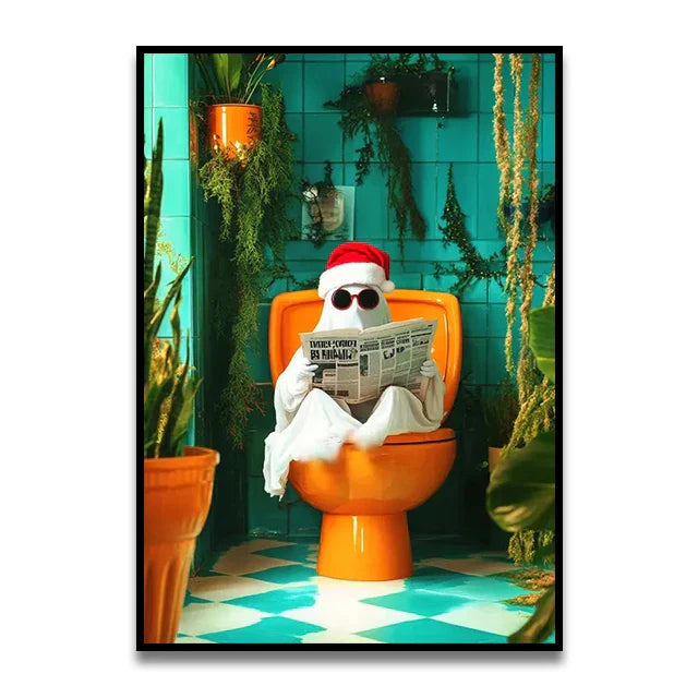 Funny black cat reading newspaper canvas wall art bathroom decor