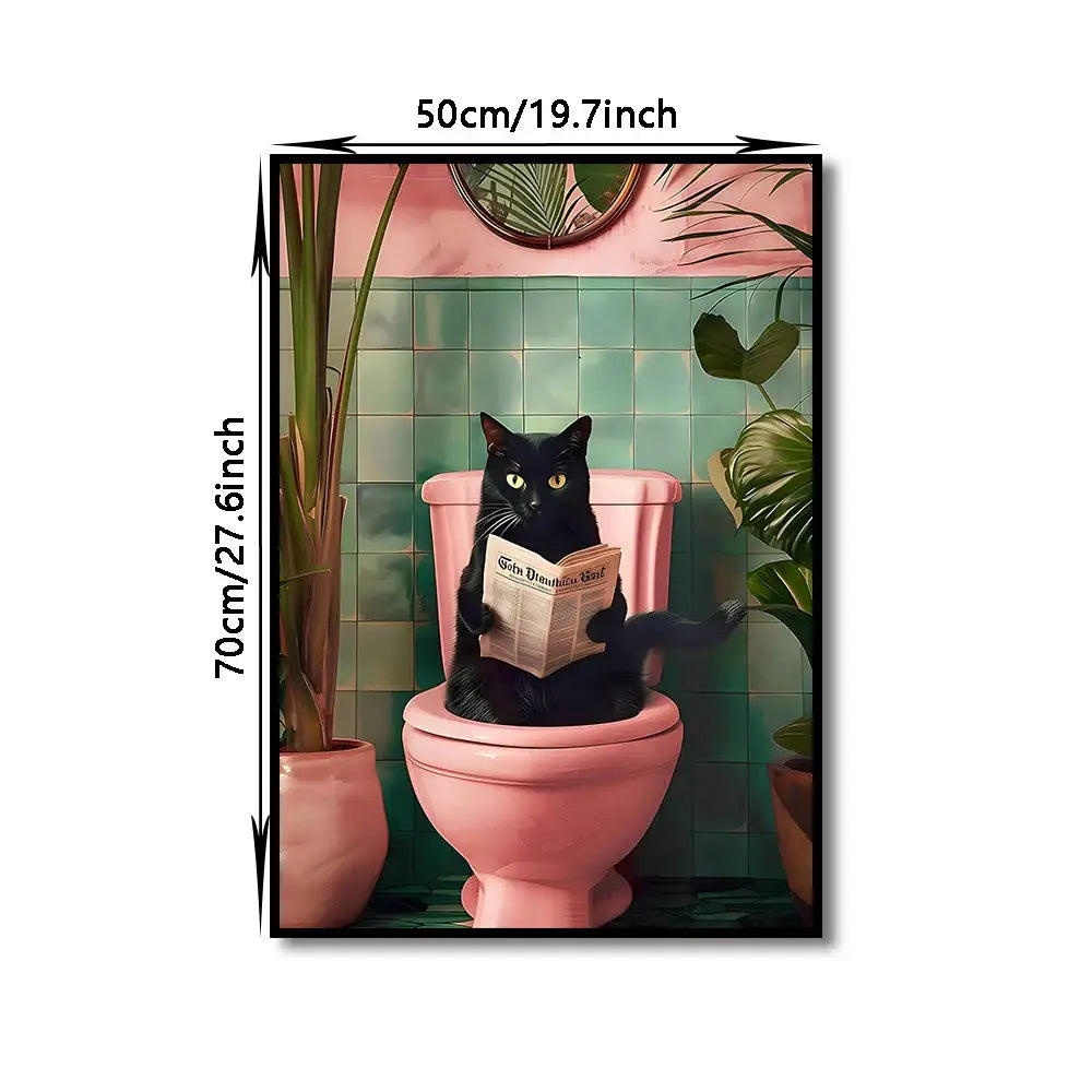Funny black cat reading newspaper canvas wall art bathroom decor