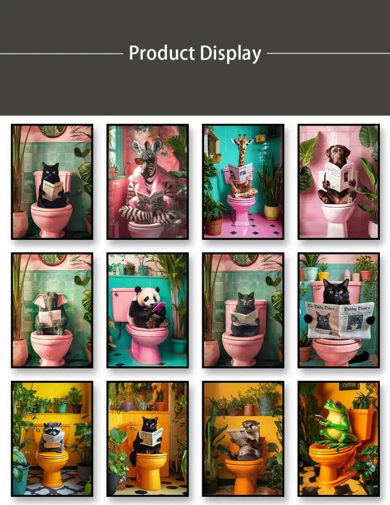 Funny black cat reading newspaper canvas wall art bathroom decor