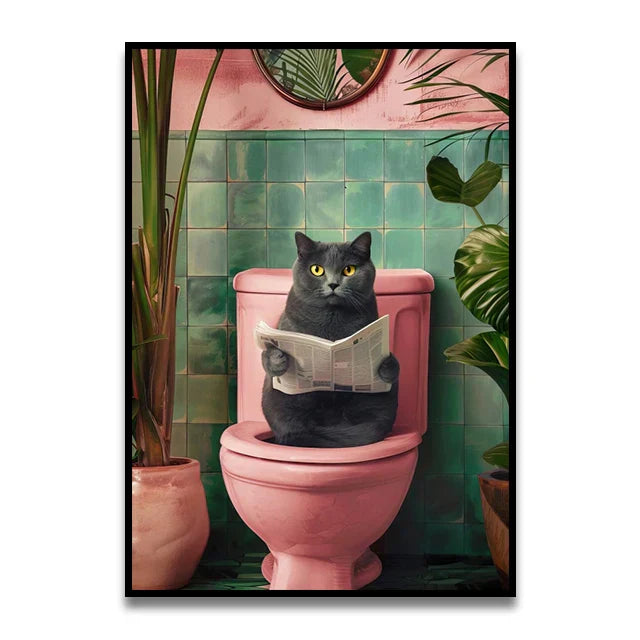 Funny black cat reading newspaper on toilet canvas wall art bathroom