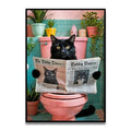 Funny black cat reading newspaper on toilet canvas wall art bathroom
