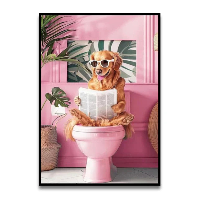 Funny french bulldog on pink toilet bathroom cat reading wall art