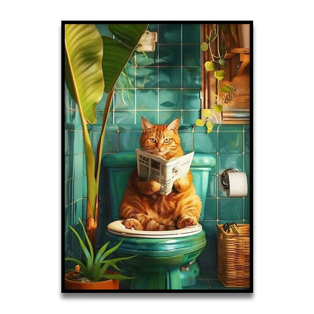 Funny tabby cat reading newspaper wall art bathroom framed canvas