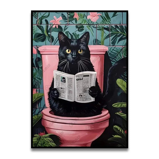 Funny tabby cat reading newspaper wall art bathroom framed canvas